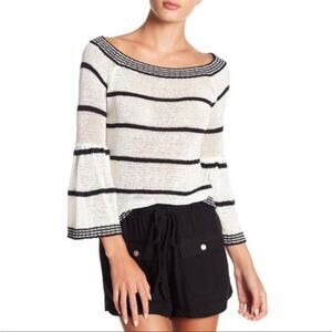 Anthropologie BB Dakota Shelly OffShoulder White Black Strip Bell Sleeve Sweater